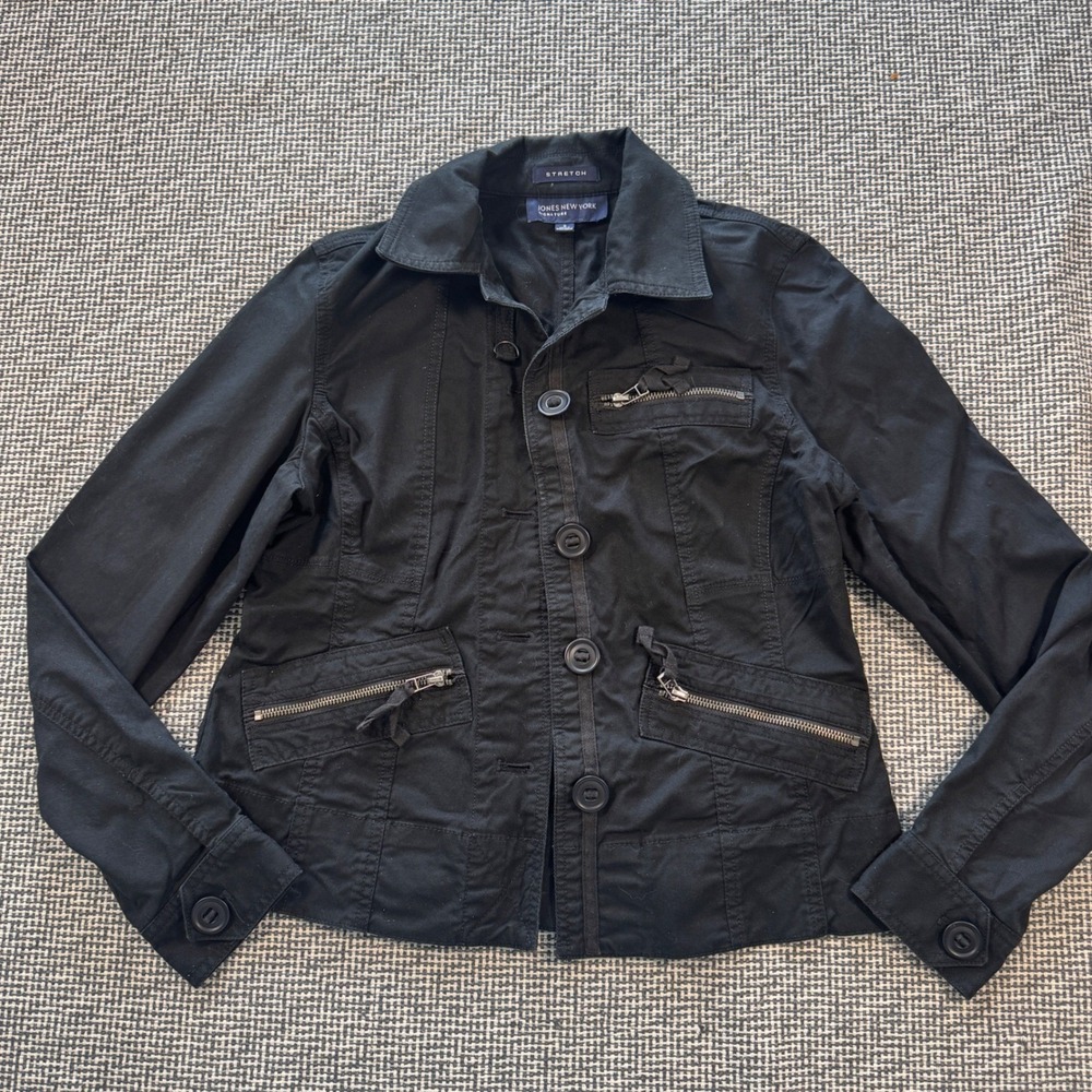 Jones New York Signature Black Utility Jacket Stretch Cotton Button Front Small